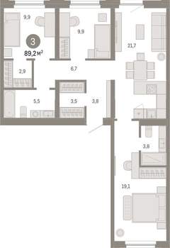 3-к квартира, вторичка, 89м2, 3/16 этаж