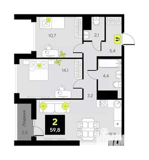 2-к квартира, вторичка, 60м2, 10/17 этаж