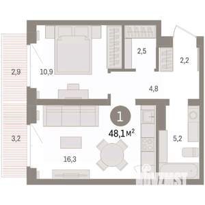 1-к квартира, вторичка, 48м2, 3/16 этаж