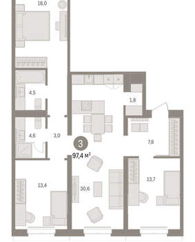 3-к квартира, вторичка, 97м2, 2/16 этаж