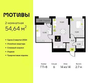 2-к квартира, вторичка, 55м2, 14/14 этаж