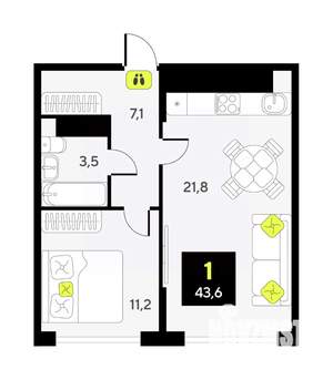 1-к квартира, вторичка, 44м2, 17/17 этаж