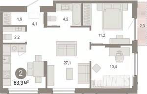 2-к квартира, вторичка, 63м2, 3/7 этаж