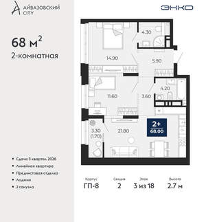 2-к квартира, вторичка, 68м2, 3/24 этаж