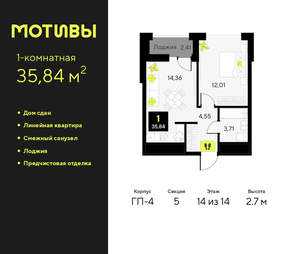 1-к квартира, сданный дом, 36м2, 14/14 этаж