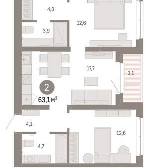 2-к квартира, вторичка, 63м2, 4/11 этаж