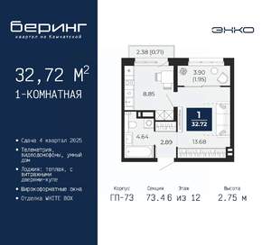 1-к квартира, вторичка, 33м2, 6/12 этаж