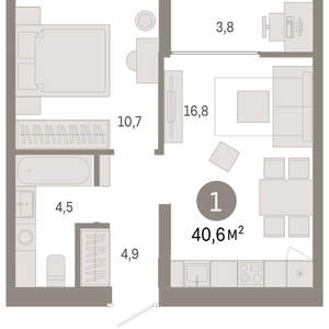 1-к квартира, вторичка, 41м2, 8/17 этаж