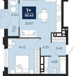 1-к квартира, вторичка, 50м2, 7/24 этаж