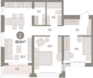 2-к квартира, вторичка, 67м2, 5/7 этаж