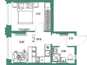 2-к квартира, вторичка, 29м2, 2/25 этаж