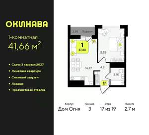 1-к квартира, вторичка, 42м2, 17/19 этаж