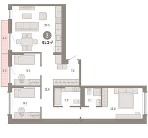 3-к квартира, вторичка, 91м2, 2/8 этаж
