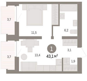 1-к квартира, вторичка, 43м2, 4/10 этаж