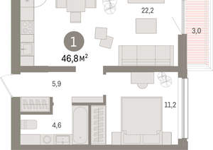 1-к квартира, вторичка, 47м2, 6/9 этаж