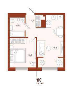 1-к квартира, вторичка, 36м2, 5/14 этаж