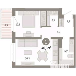1-к квартира, вторичка, 46м2, 4/11 этаж