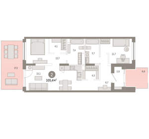 2-к квартира, вторичка, 105м2, 1/17 этаж