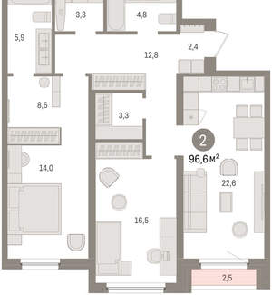 2-к квартира, вторичка, 97м2, 6/16 этаж