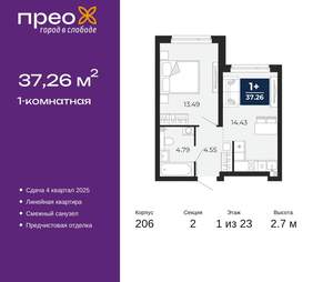 1-к квартира, вторичка, 37м2, 1/22 этаж