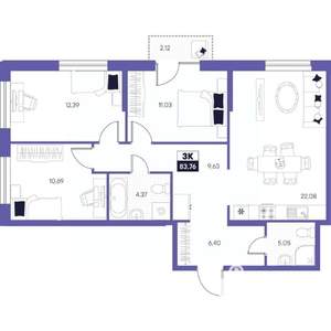 3-к квартира, строящийся дом, 84м2, 23/24 этаж