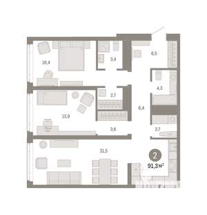 2-к квартира, вторичка, 91м2, 7/25 этаж