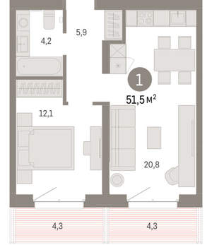 1-к квартира, вторичка, 51м2, 6/11 этаж