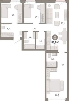 3-к квартира, вторичка, 88м2, 3/25 этаж