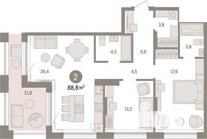 2-к квартира, вторичка, 89м2, 17/17 этаж