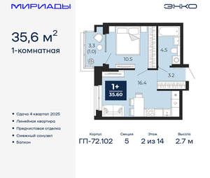 1-к квартира, вторичка, 36м2, 2/16 этаж