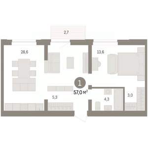 1-к квартира, вторичка, 57м2, 7/10 этаж