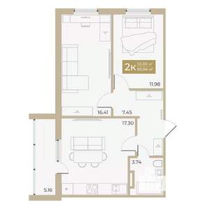 2-к квартира, строящийся дом, 57м2, 10/18 этаж