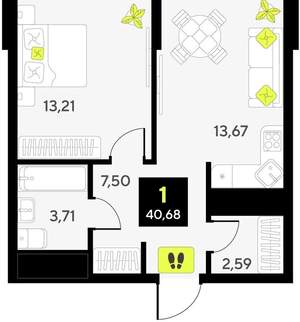 1-к квартира, вторичка, 41м2, 14/14 этаж