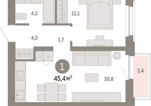 1-к квартира, вторичка, 45м2, 4/16 этаж