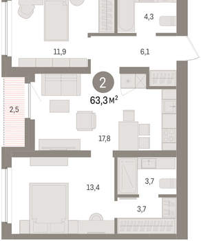2-к квартира, вторичка, 63м2, 8/16 этаж