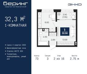 1-к квартира, вторичка, 32м2, 2/22 этаж