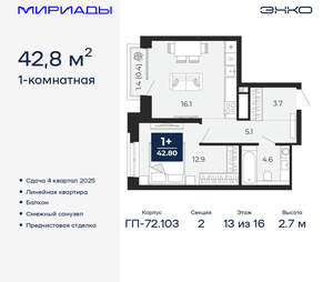 1-к квартира, вторичка, 43м2, 13/16 этаж