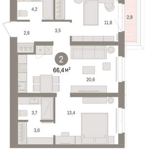 2-к квартира, вторичка, 66м2, 6/16 этаж
