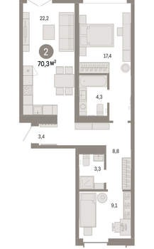 2-к квартира, вторичка, 70м2, 6/16 этаж