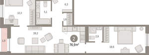 2-к квартира, вторичка, 77м2, 6/17 этаж