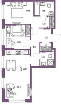 3-к квартира, вторичка, 63м2, 13/25 этаж