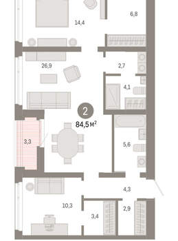 2-к квартира, вторичка, 84м2, 9/25 этаж