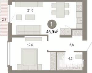 1-к квартира, вторичка, 46м2, 3/17 этаж