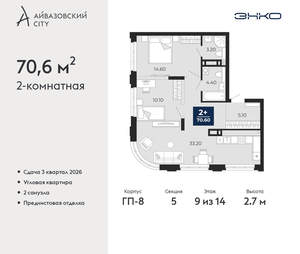 2-к квартира, вторичка, 71м2, 9/24 этаж