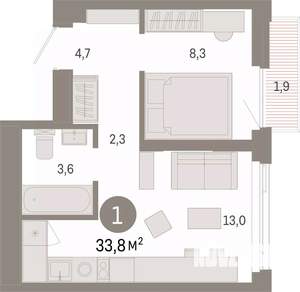 1-к квартира, вторичка, 34м2, 20/25 этаж