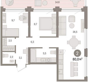 2-к квартира, вторичка, 80м2, 3/9 этаж