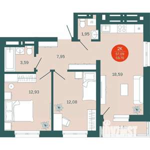 2-к квартира, вторичка, 57м2, 5/19 этаж