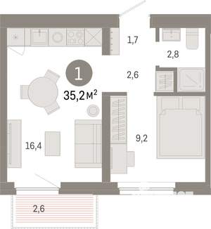 1-к квартира, вторичка, 35м2, 9/16 этаж
