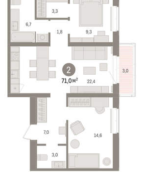2-к квартира, вторичка, 71м2, 4/16 этаж