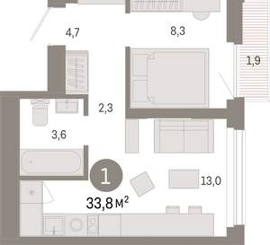 1-к квартира, вторичка, 34м2, 19/25 этаж